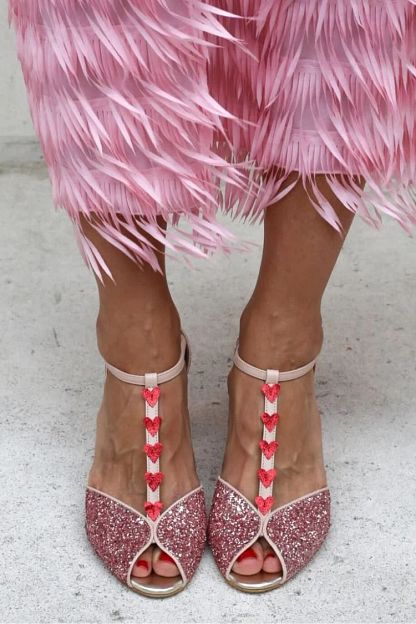 Pink and Red Glitter Sandals with T-Bar Strap, Heart and Block Heel