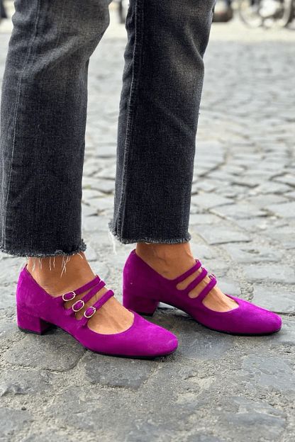 Purple Square-Toe Block Heels with Buckle