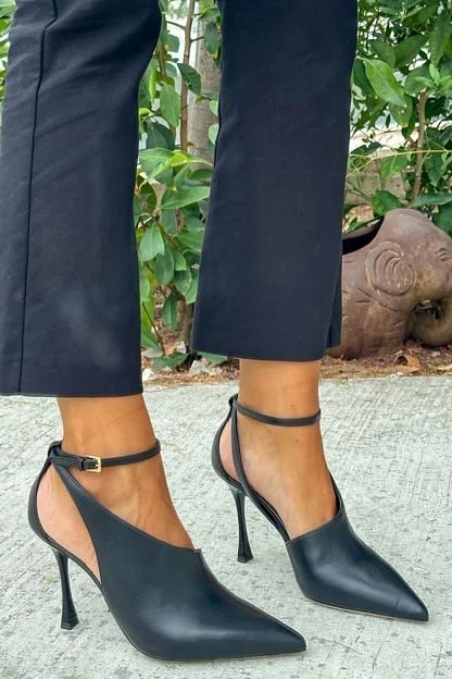 Black Pointed-Toe Cut-Out Stilettos with Ankle Strap and Buckle