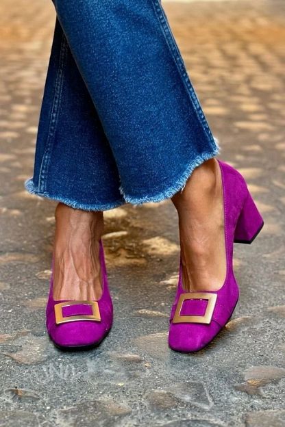 Navy Patchwork Square-Toe Block Heels