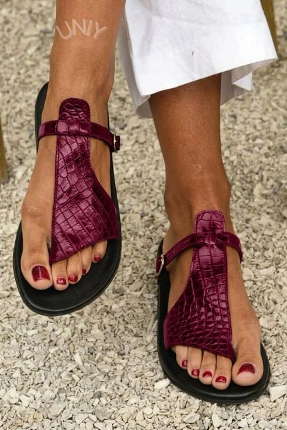 Crocodile-Effect Thong Sandals with Buckled Instep Strap