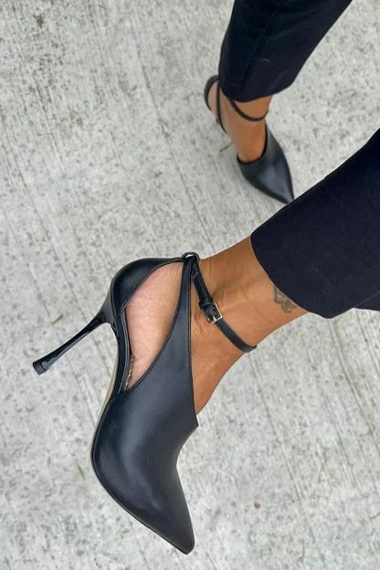 Black Pointed-Toe Cut-Out Stilettos with Ankle Strap and Buckle