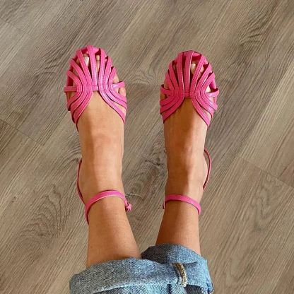 Solid-Colour Round-Toe Cut-Out Flats with Ankle Strap