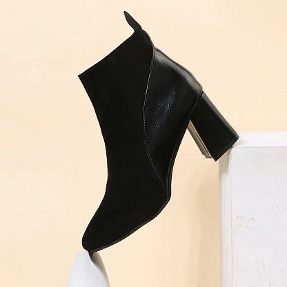 Pointed-Toe Patchwork Chunky-Heel Ankle Boots with Zip