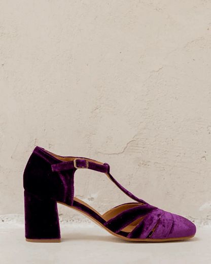 Velvet Cut-Out Block Heels with Buckle and T-Bar Strap