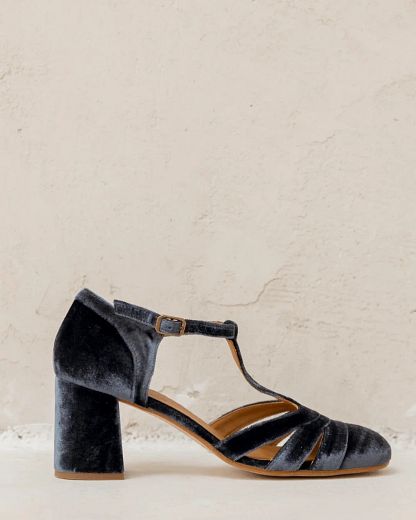 Velvet Cut-Out Block Heels with Buckle and T-Bar Strap