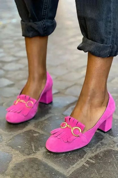 Matt Round-Toe Block Heels with Buckle and Fringe