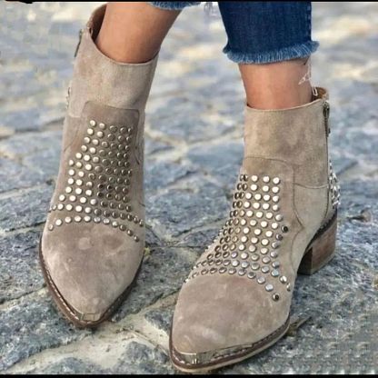 Suede Pointed-Toe Chunky-Heel Boots with Studs