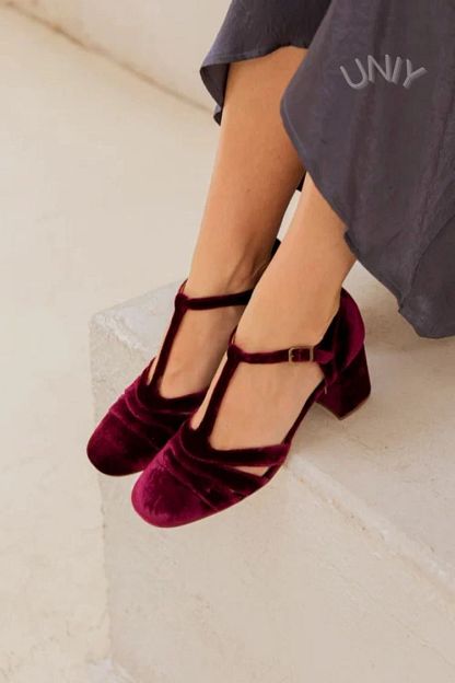 Velvet Cut-Out Block Heels with Buckle and T-Bar Strap
