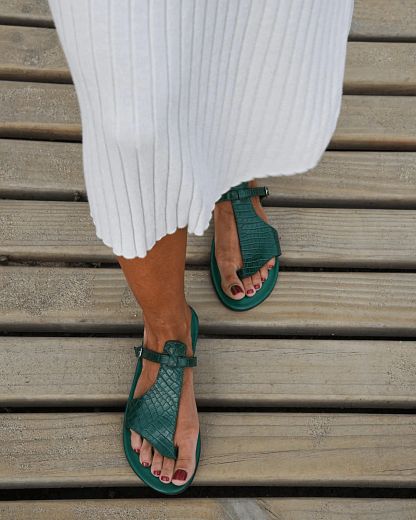 Crocodile-Effect Thong Sandals with Buckled Instep Strap
