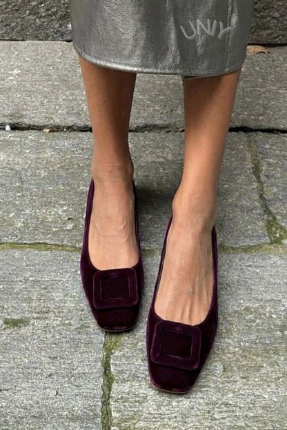 Velvet Square-Toe Flats with Buckle