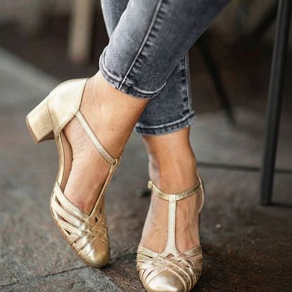 Elegant Metallic Mary Jane Court Shoes with T-Bar Strap and Block Heel