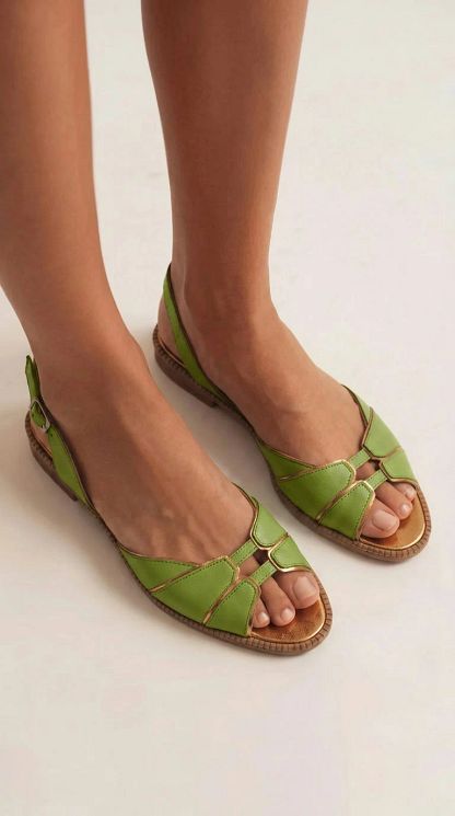 Blue Open-Toe Slingback Flats with Metallic Gold Trim