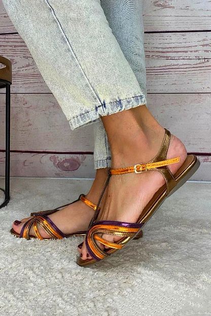 Multicolour and Gold Peep-Toe Sandals with Buckle and T-Bar Strap