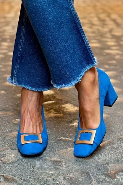 Navy Patchwork Square-Toe Block Heels