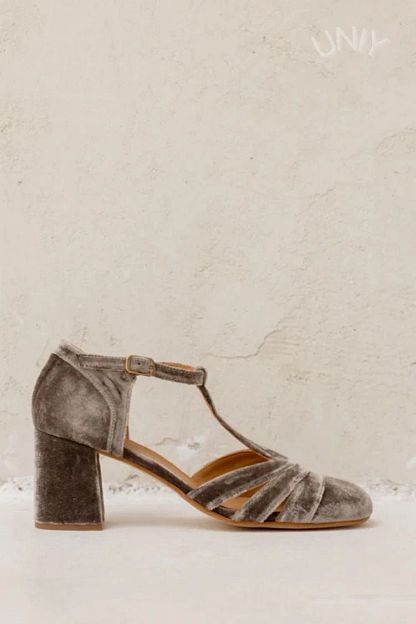 Velvet Cut-Out Block Heels with Buckle and T-Bar Strap