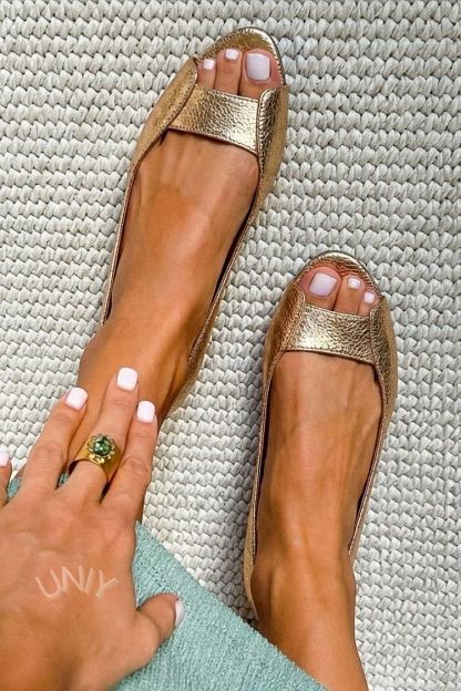 Chic Champagne Gold Metallic Open-Toe Flats