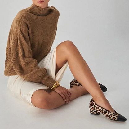 Beige Leopard-Print Patchwork Pointed-Toe Low Heels