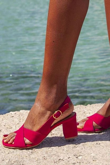 Suede Slingback Sandals with Crossover Straps and Block Heel