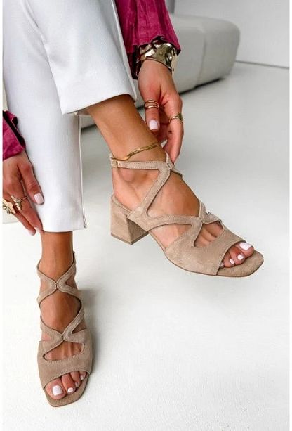 Beige Suede Square-Toe Block Heels with Ankle Strap