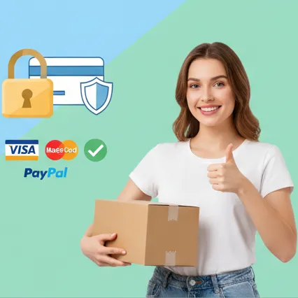 Please create an image for this banner "Easy shipping
Ship Easy, Pay Securely!
Fast ship, safe pay, easy shop, sure joy!"