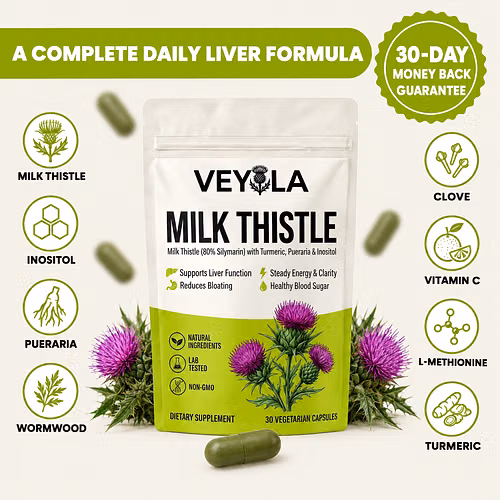 Veyola Milk Thistle pouch with its eight active ingredients and 30-day money back guarantee