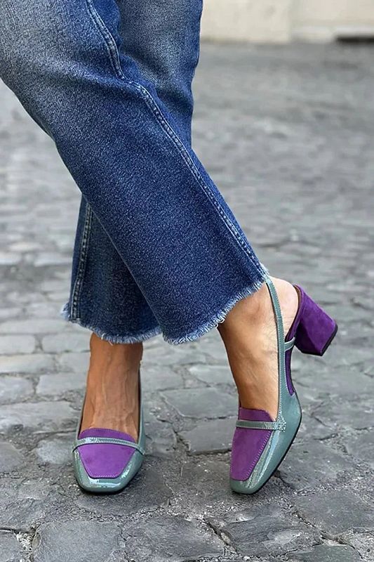 Purple Patchwork Square-Toe Slingback Block Heels