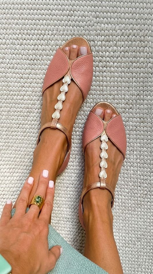 Pink Flat Sandals with Heart Detail, Open Toe and T-Bar Strap