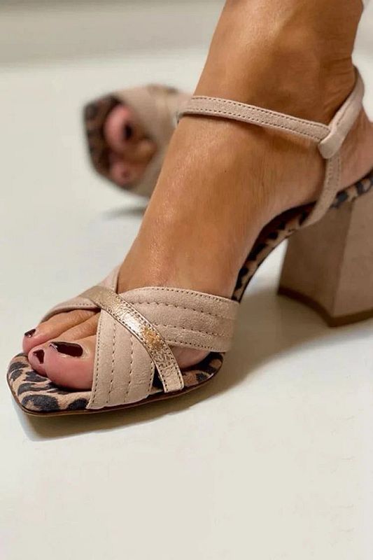 Khaki Leopard-Print Patchwork Peep-Toe Block Heels