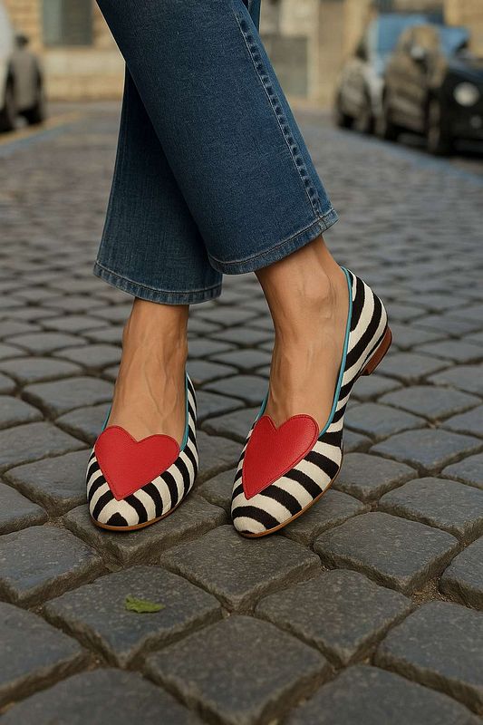 Casual Red Zebra-Print Pointed-Toe Flats with Heart