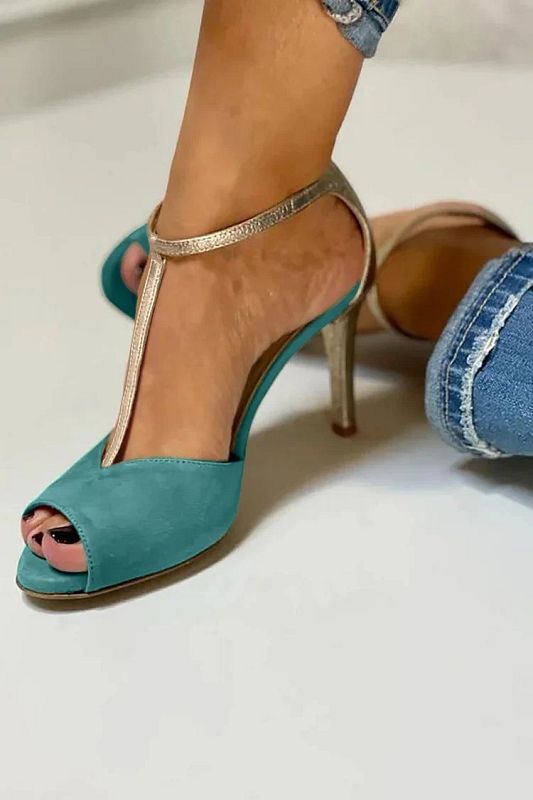 Elegant Green Colour-Block Stilettos with Buckle and T-Bar Strap