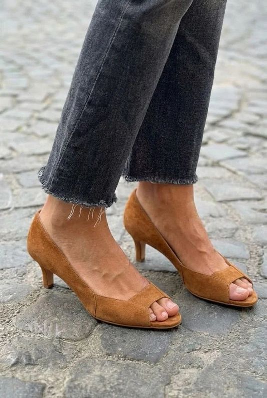 Tan and Black Suede Low-Heel Peep-Toe Court Shoes
