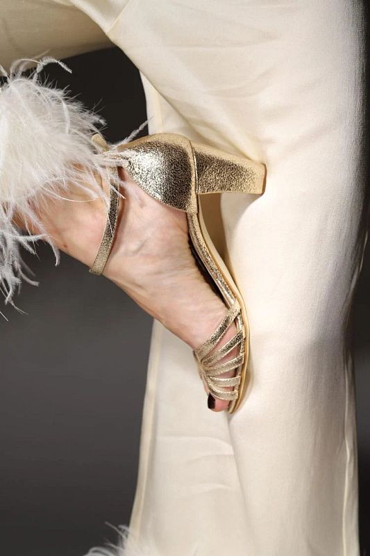 Shiny Metallic Gold Peep-Toe Block Heels with Ankle Strap and Buckle