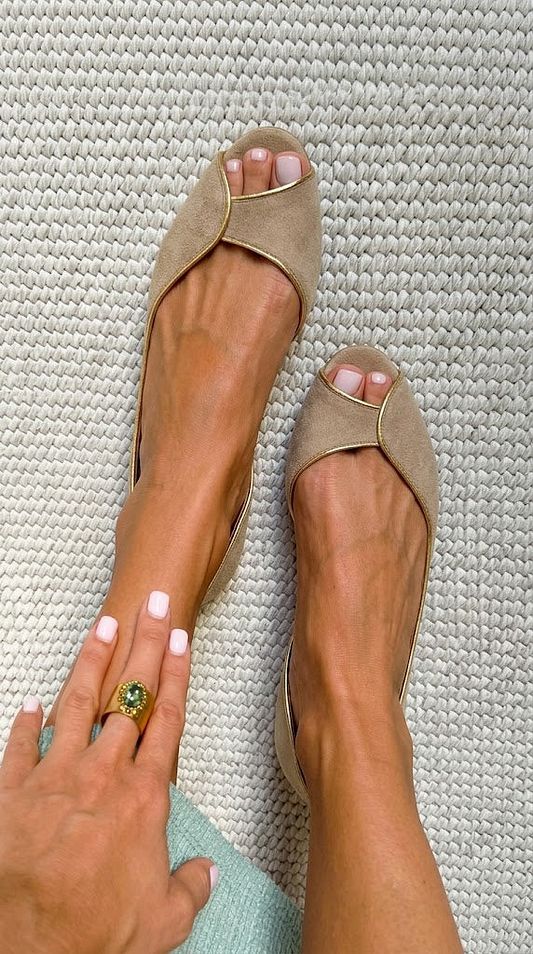 Beige and Gold Suede Open-Toe D'Orsay Flats