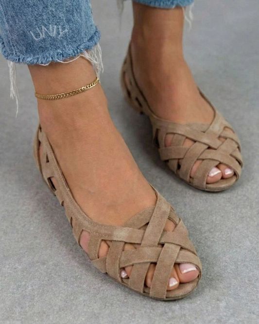 Beige Suede Woven Flat Open-Toe Cut-Out Sandals