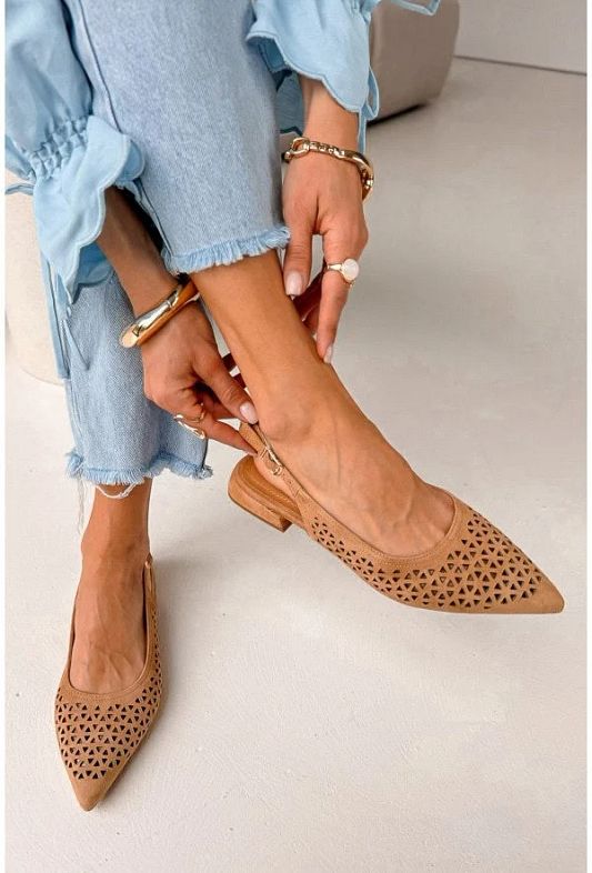 Tan Laser-Cut Pointed-Toe Slingback Flats