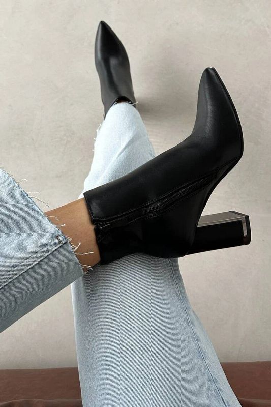 Elegant Black Faux Leather Ankle Boots with Low Heel and Pointed Toe