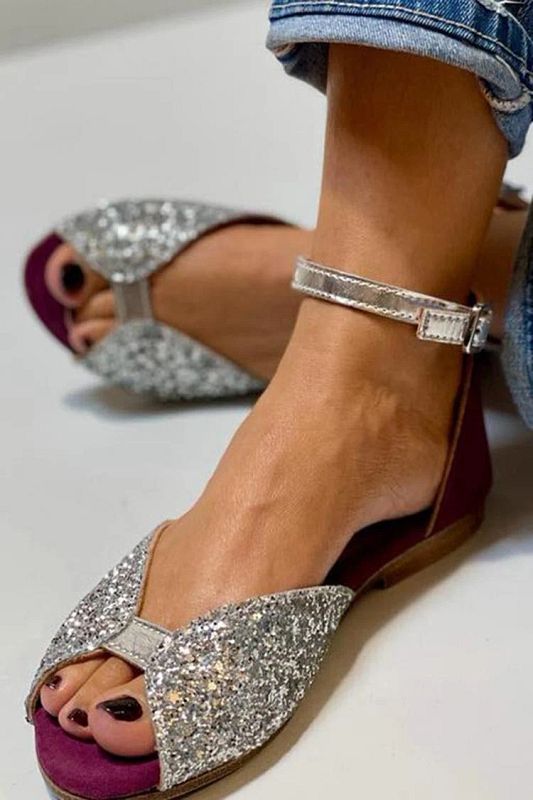 Silver Glitter Peep-Toe Sandals with Ankle Strap and Buckle