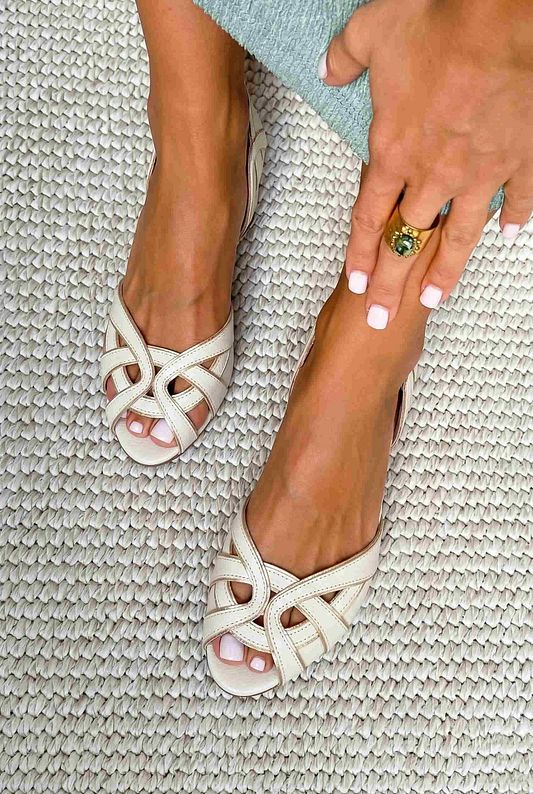 White Flat Peep-Toe Cut-Out Slingback Sandals with Straps
