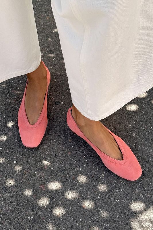 Pink Suede Slip-On Flats with V-Cut and Square Toe