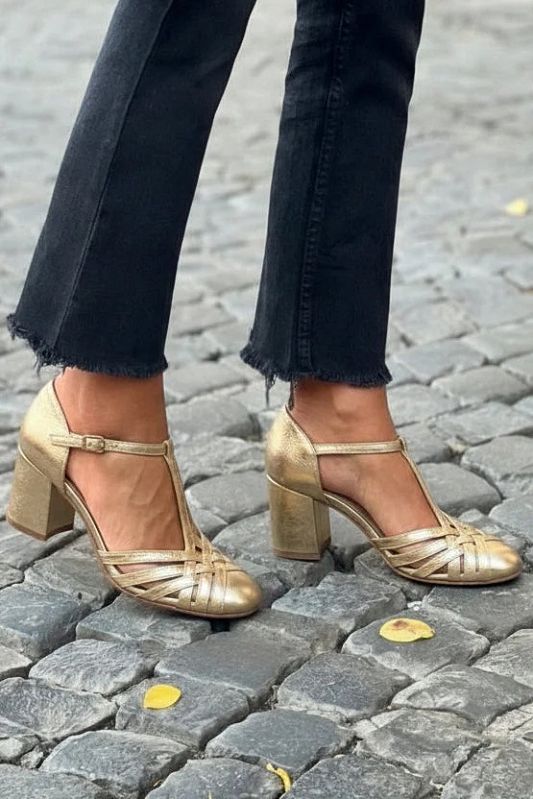 Chic Champagne Gold Chunky Heels with Woven T-Bar Strap