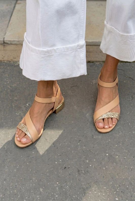 Nude Low-Heel Sandals with Asymmetric Strap and Glitter Details