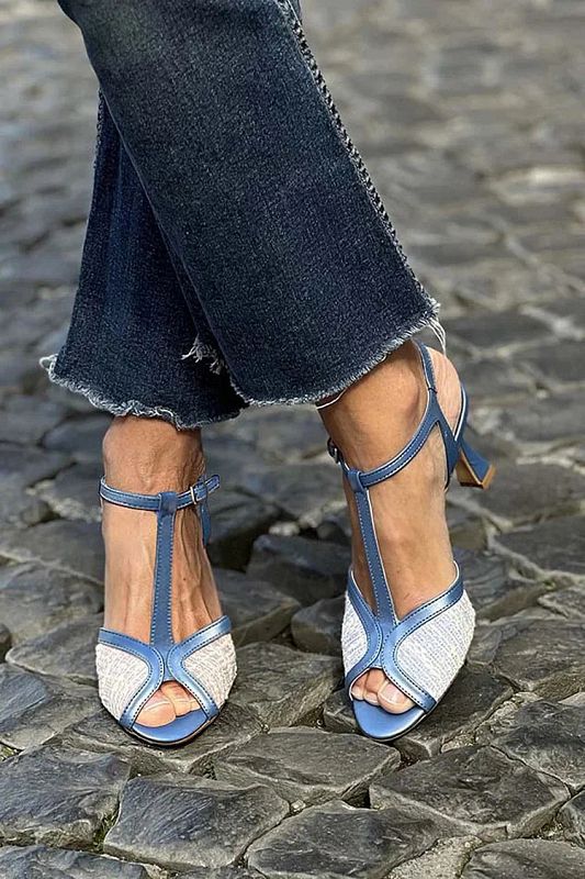 Blue Colour-Block Stiletto Court Shoes with T-Bar Strap and Buckle