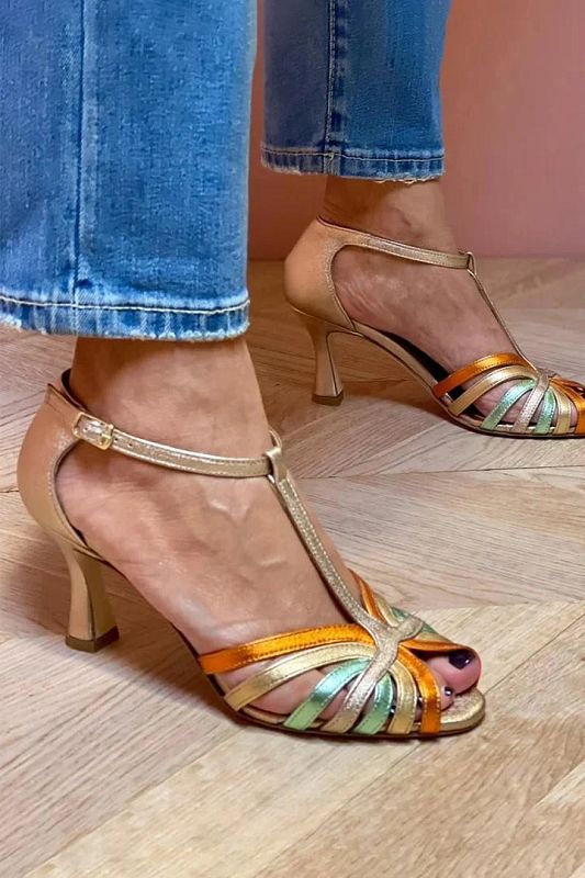 Multicolour and Gold Cut-Out Stilettos with Buckle and T-Bar Strap