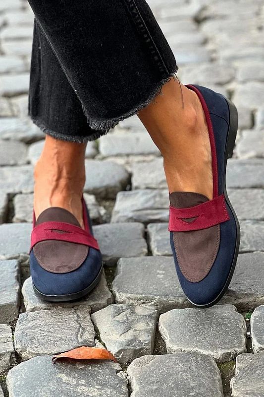 Navy Colour-Block Patchwork Round-Toe Loafers