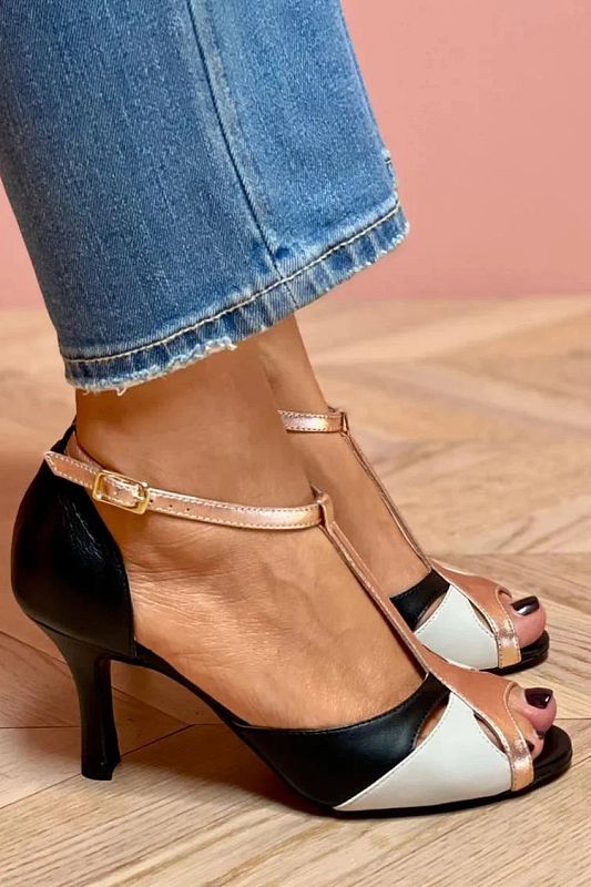 Black Colour-Block Stilettos with T-Bar Strap, Buckle and Open Toe