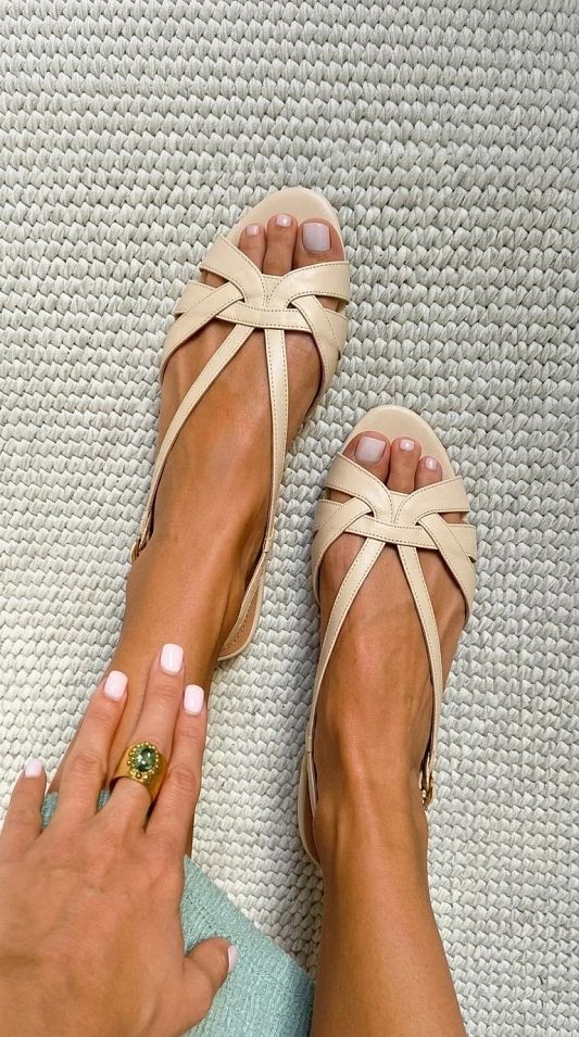 Nude Flat Peep-Toe Slingback Sandals with Crossover Straps