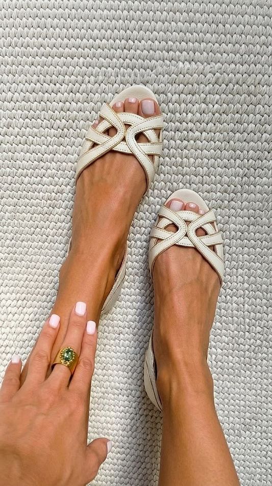 Cream Flat Open-Toe Cut-Out Sandals with Closed Heel