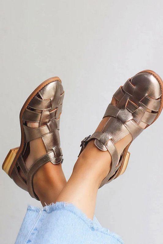 Shiny Metallic Champagne Woven Round-Toe Flats