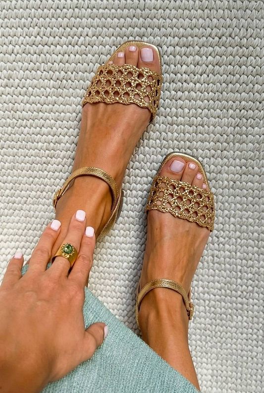 Chic Gold Metallic Woven Flat Sandals with Square Toe